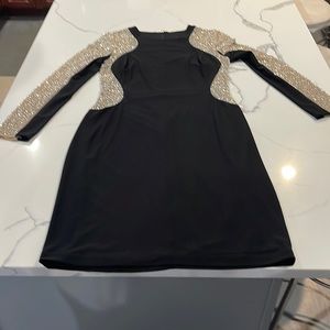 Xscape Black Nude Studded Sleeve Illusion Sheath Dress